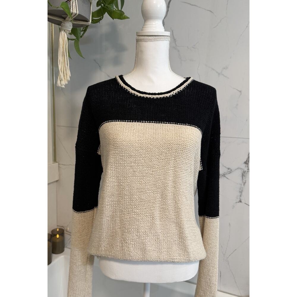 James Perse | Crewneck Cotton Linen Sweater Neutral Ivory Black - Size 1 (Small)